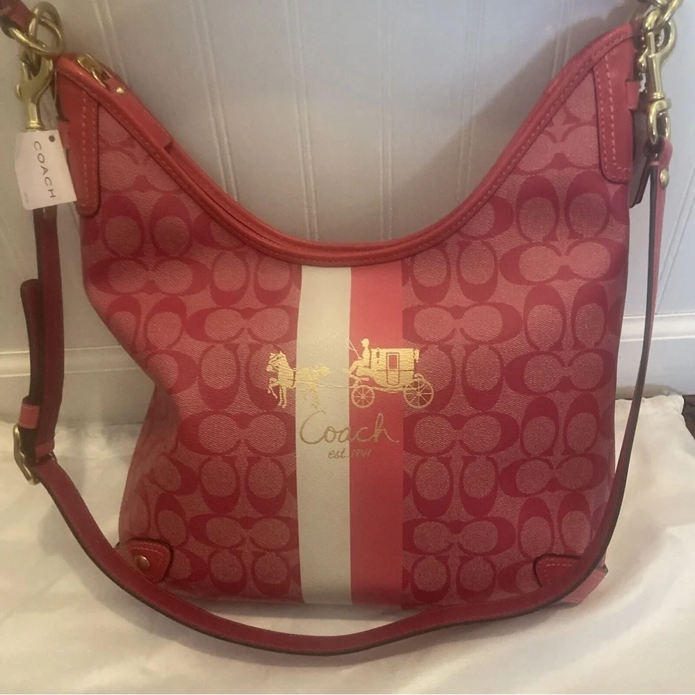 NWT Coach 13193 Heritage Stripe Signature Convertible Magenta Canvas Hobo Bag - Picture 2 of 9